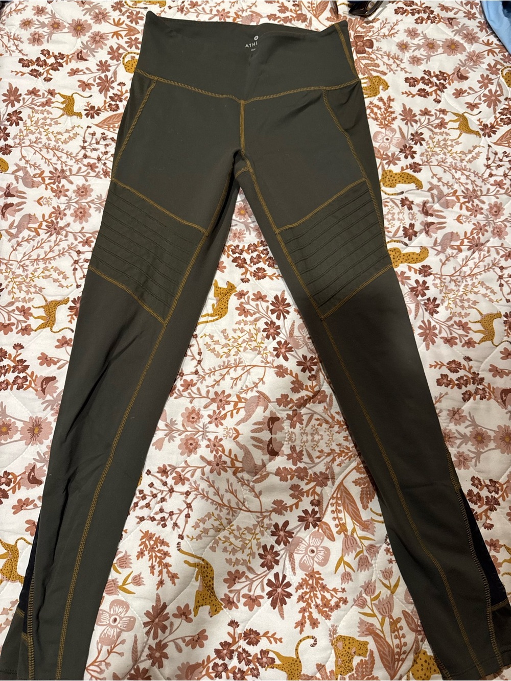 Athleta olive leggings with Gold Stitching & black mesh